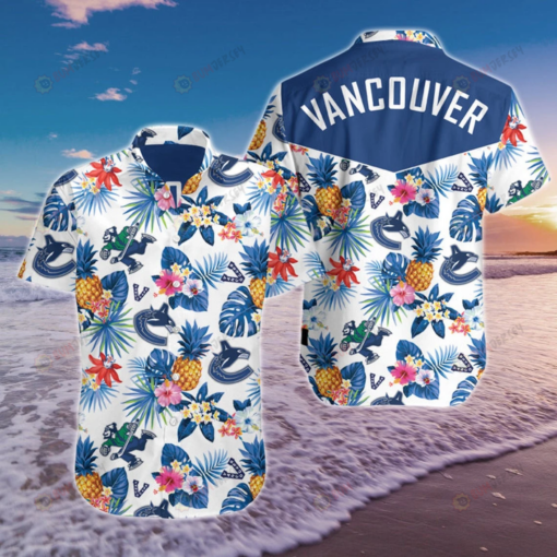 Vancouver Floral & Fruit Pattern Curved Hawaiian Shirt In Blue & White