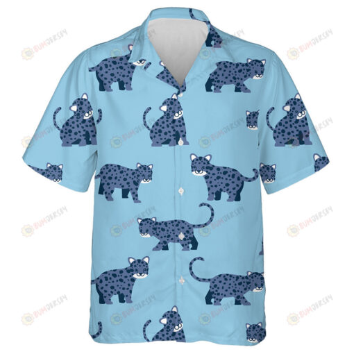 Various Poses Of Cute Leopard In Blue Tone Hawaiian Shirt