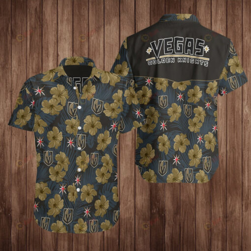 Vegas Golden Knights Printed Floral Pattern Curved Hawaiian Shirt In Dark Blue