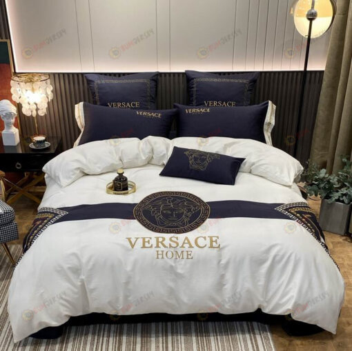 Versace Home Medusa Satin Cotton Bedding Set In White/Navy