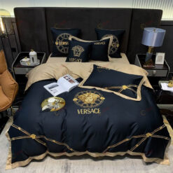 Versace Logo Embroidered Long-Staple Cotton Bedding Set In Dark Blue