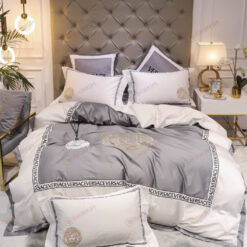 Versace Medusa Embroidered Long-Staple Cotton Bedding Set In Grey/White