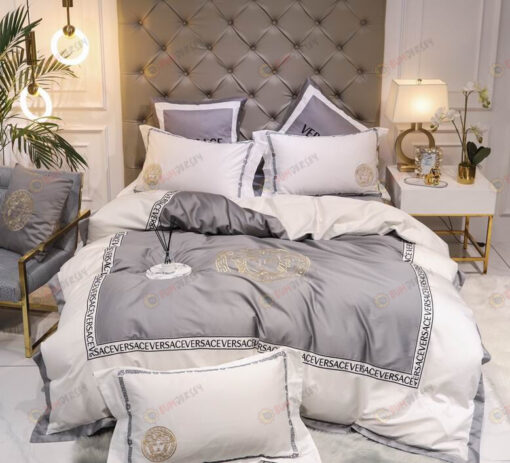 Versace Medusa Embroidered Long-Staple Cotton Bedding Set In Grey/White