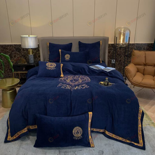 Versace Medusa Heavy Velvet Bedding Set In Dark Blue