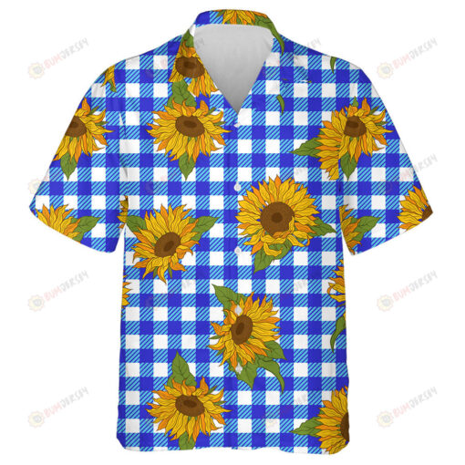 Vibrant Bright Sunflowers On Dark Blue Checkered Background Hawaiian Shirt