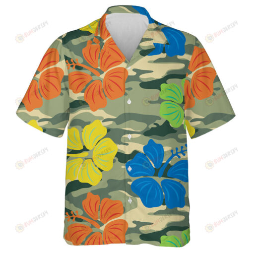 Vibrant Colorful Hibiscus On Green Camo Background Hawaiian Shirt