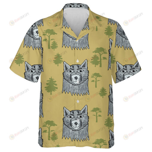 Vintage Background With Wolf And Green Tree Hawaiian Shirt