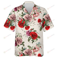 Vintage Beautiful Pink And Red Roses Branch Cream Background Hawaiian Shirt