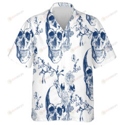 Vintage Blue Human Skull With Flowers And Butterfly Hawaiian Shirt