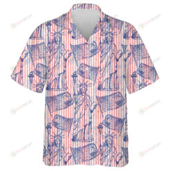 Vintage Blue Outline Sketch Statue Of Liberty And Flag Hawaiian Shirt