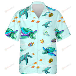 Vintage Blue Turtles In Indigenous Style Hawaiian Shirt