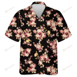 Vintage Bouquet Pink Rose And Yellow Flower On Black Design Hawaiian Shirt