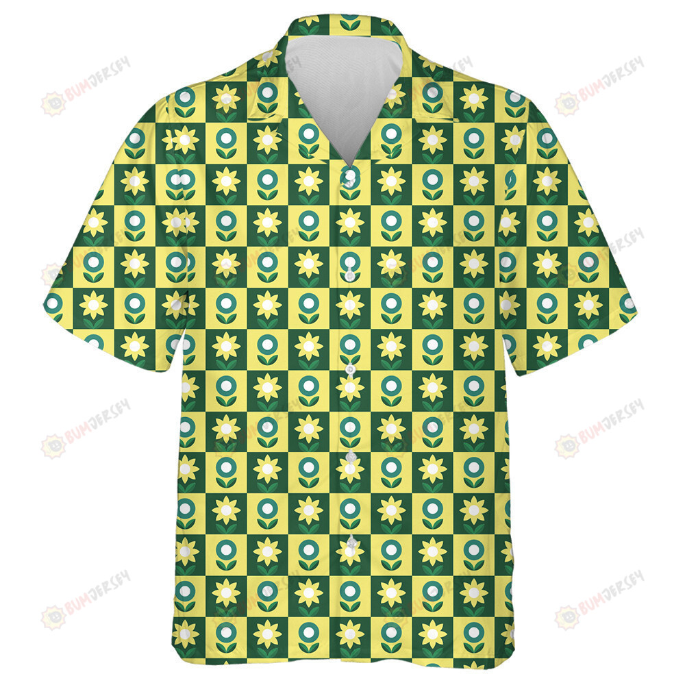 Vintage Check Ornament Pattern Sunflower Geometry In Modern Style Hawaiian Shirt