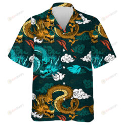 Vintage Chinese Dragon And Clouds On Green Hawaiian Shirt