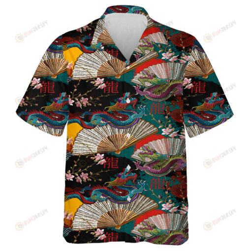 Vintage Dragon Japan Fan And Sakura Flowers Hawaiian Shirt