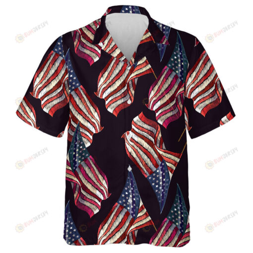 Vintage Embroidery Rippled American Flag Pattern Hawaiian Shirt