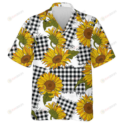 Vintage Farmhouse Bright Sunflower Flowers On Checkered Patches Hawaiian Shirt