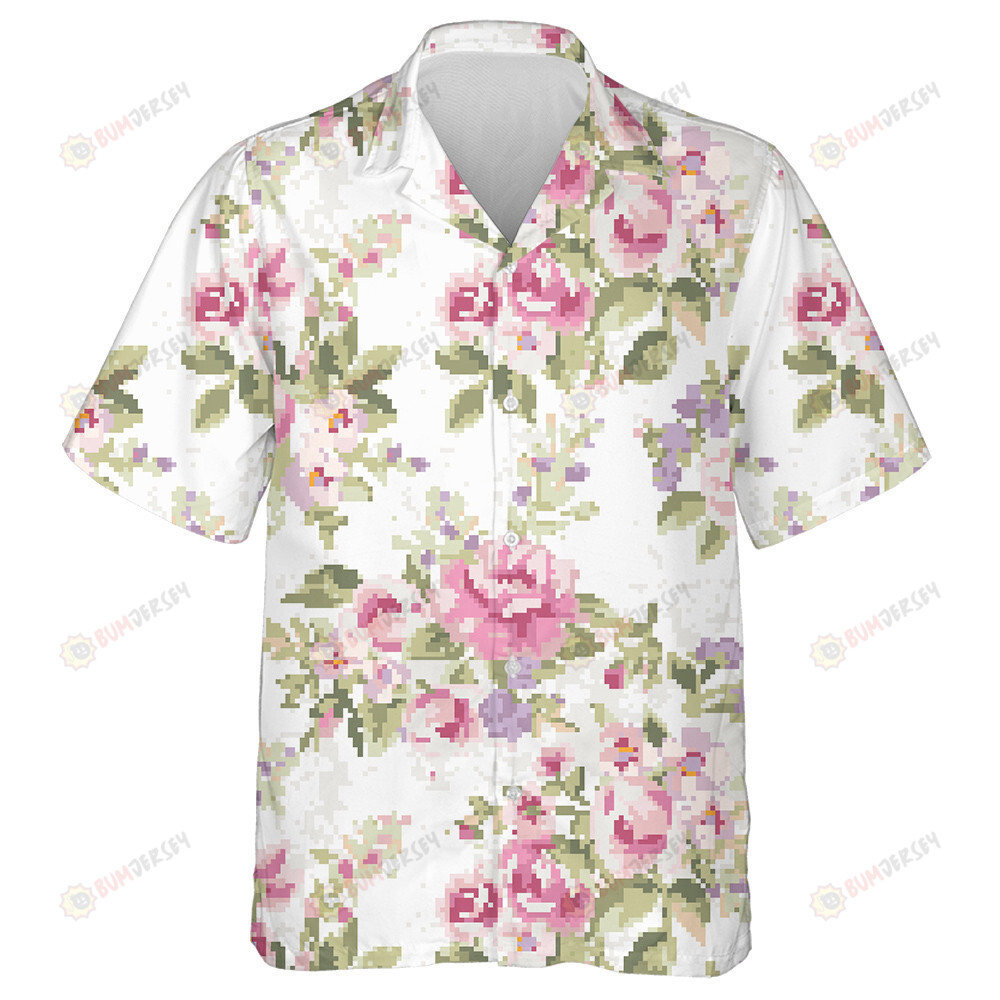 Vintage Light Pink Roses Green Leaves Vivid Garden Design Hawaiian Shirt
