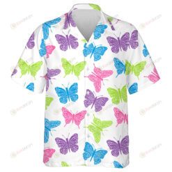 Vintage Pink And Blue Butterfly On White Hawaiian Shirt