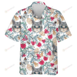 Vintage Style Flowers And Cats On White Hawaiian Shirt