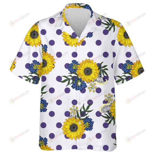 Violet Polka Dots Background With Hippie Sunflower Hawaiian Shirt