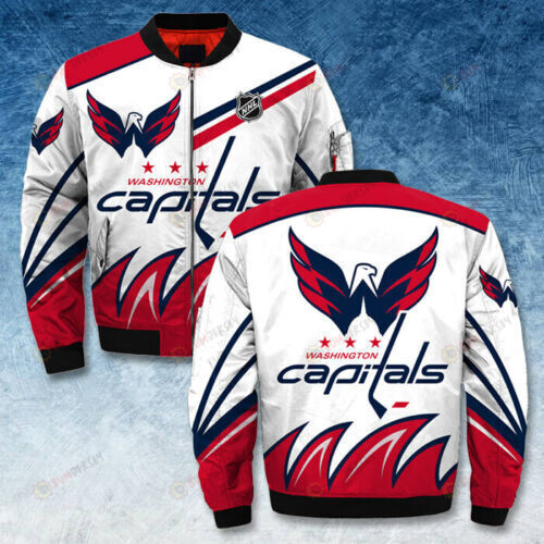 Washington Capitals Logo & Letter Pattern Bomber Jacket- White/Red