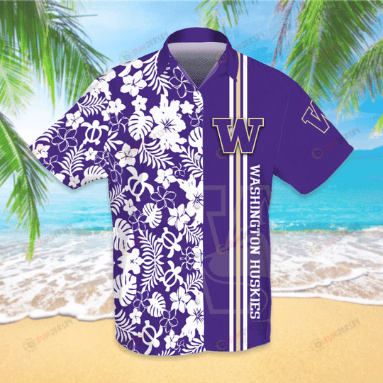 Washington Huskies Logo Hawaiian Shirt With Floral And Leaves Pattern