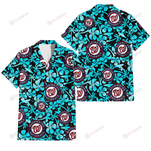 Washington Nationals Blue Hibiscus Blue Coconut Tree Black Background 3D Hawaiian Shirt