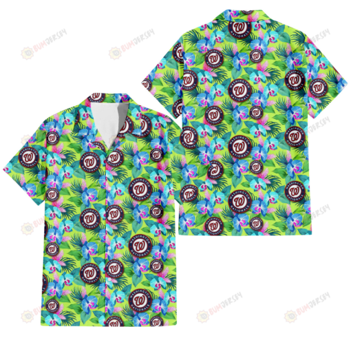 Washington Nationals Blue Orchid Green Pink Leaf Green Background 3D Hawaiian Shirt