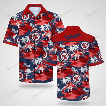 Washington Nationals Coconut Tree Pattern Curved Hawaiian Shirt In Red & Blue