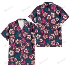Washington Nationals Colorful Hibiscus Black Background 3D Hawaiian Shirt