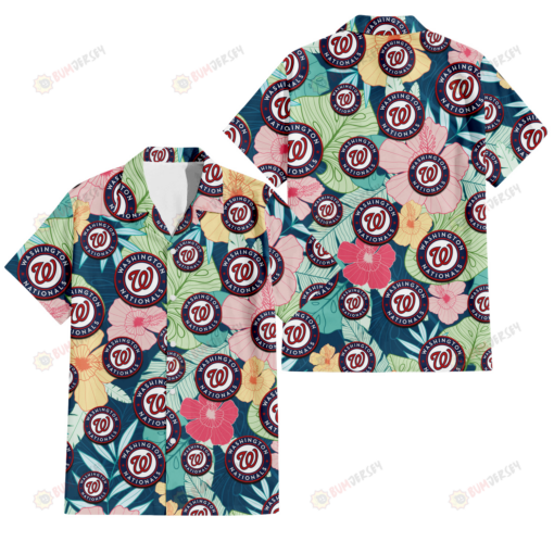 Washington Nationals Colorful Sketch Hibiscus Dark Green Background 3D Hawaiian Shirt