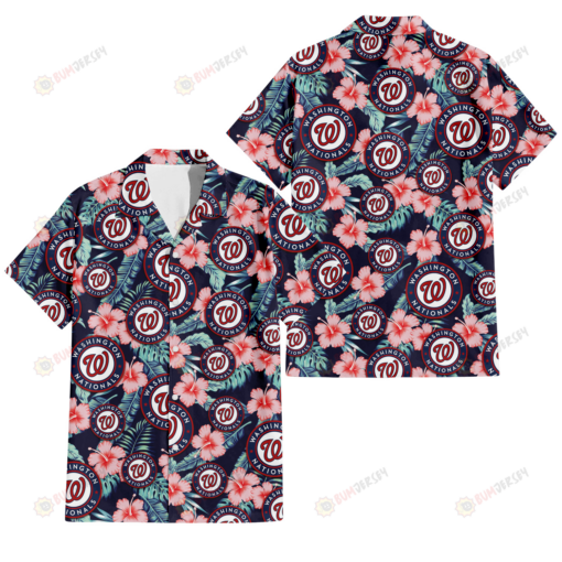 Washington Nationals Coral Hibiscus Green Banana Leaf Black Background 3D Hawaiian Shirt