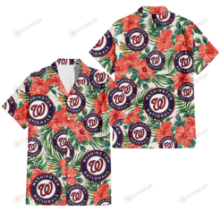 Washington Nationals Coral Hibiscus Green Leaf Beige Background 3D Hawaiian Shirt