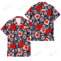Washington Nationals Coral Red Hibiscus Blue Palm Leaf Black Background 3D Hawaiian Shirt