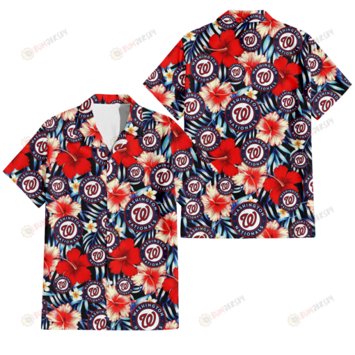 Washington Nationals Coral Red Hibiscus Blue Palm Leaf Black Background 3D Hawaiian Shirt