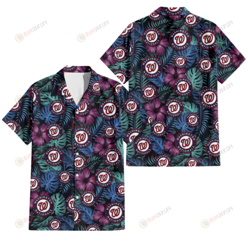 Washington Nationals Dark Magenta Green Leaf Black Background 3D Hawaiian Shirt