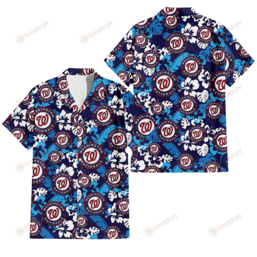 Washington Nationals Light Blue Hibiscus Banana Leaf Navy Background 3D Hawaiian Shirt