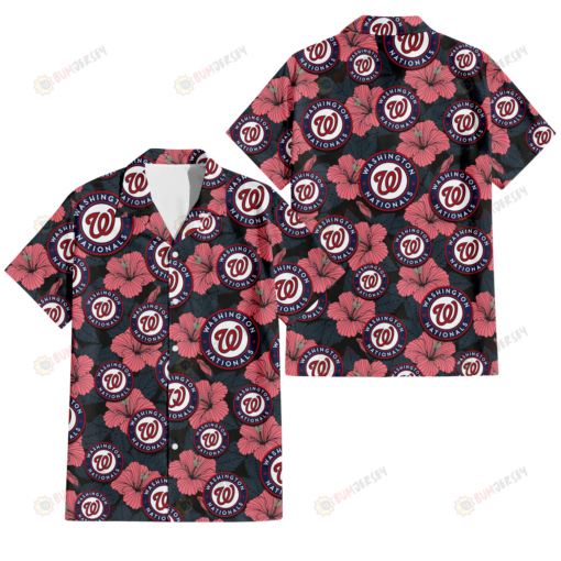 Washington Nationals Light Coral Hibiscus Gray Leaf Black Background 3D Hawaiian Shirt