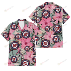 Washington Nationals Light Pink Hibiscus Pale Green Leaf Black Background 3D Hawaiian Shirt