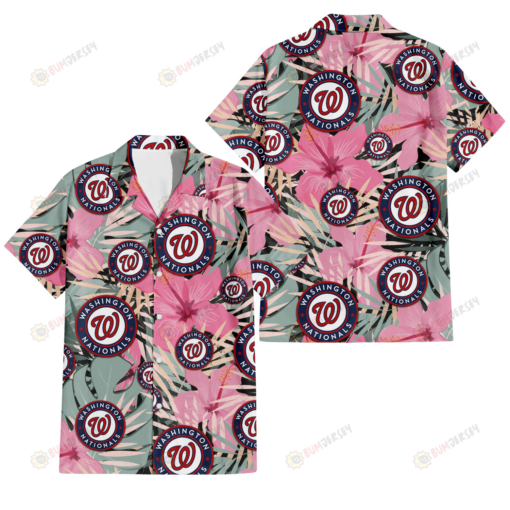 Washington Nationals Light Pink Hibiscus Pale Green Leaf Black Background 3D Hawaiian Shirt