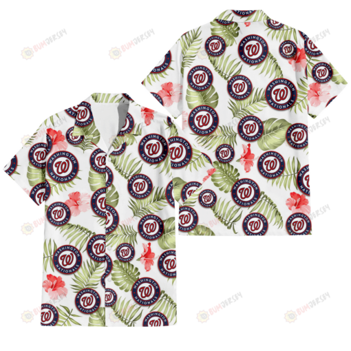 Washington Nationals Light Salmon Hibiscus Green Leaf White Background 3D Hawaiian Shirt