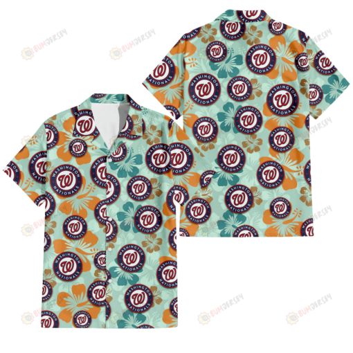 Washington Nationals Orange Green Hibiscus Pale Green Background 3D Hawaiian Shirt