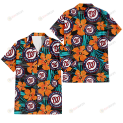 Washington Nationals Orange Hibiscus Blue Gray Leaf Black Background 3D Hawaiian Shirt