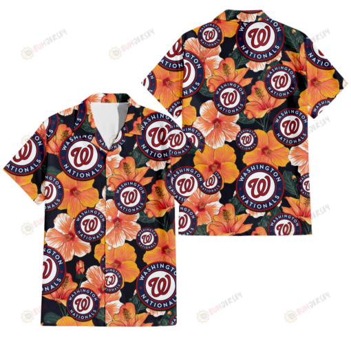 Washington Nationals Orange Hibiscus Dark Green Leaf Black Background 3D Hawaiian Shirt