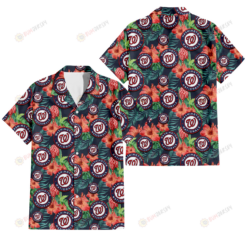 Washington Nationals Orange Hibiscus Green Tropical Leaf Dark Background 3D Hawaiian Shirt