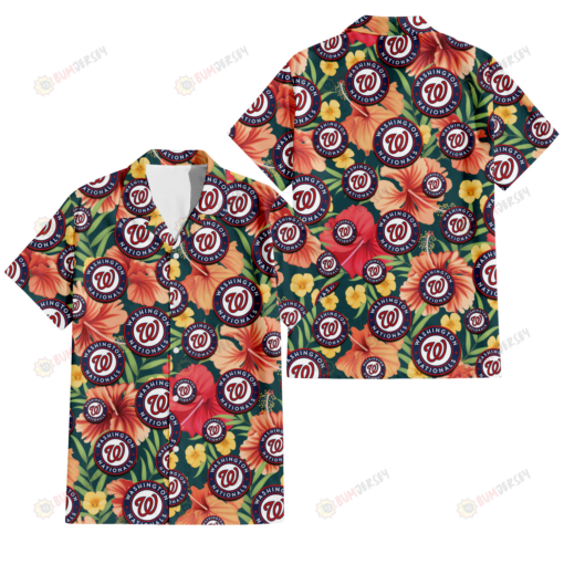 Washington Nationals Orange Red Hibiscus Green Leaf Dark Background 3D Hawaiian Shirt