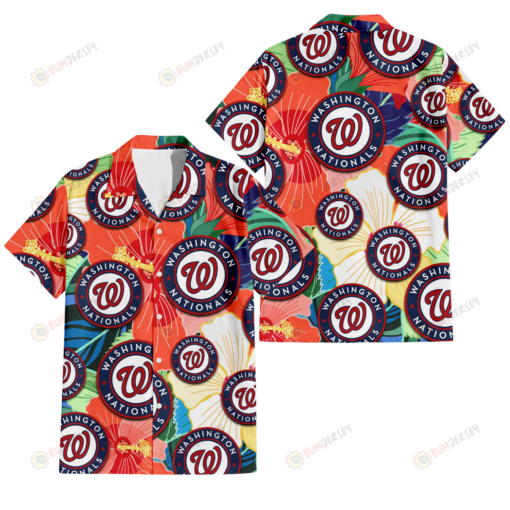 Washington Nationals Orange White Tropical Hibiscus Green Leaf 3D Hawaiian Shirt