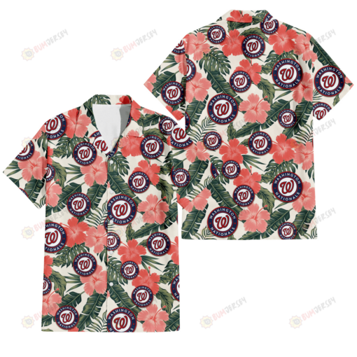 Washington Nationals Pink Coral Hibiscus Banana Leaf Beige Background 3D Hawaiian Shirt