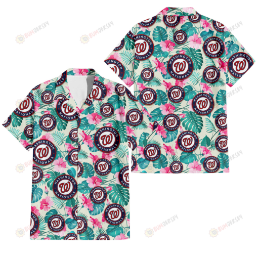 Washington Nationals Pink Hibiscus Green Leaf Beige Background 3D Hawaiian Shirt